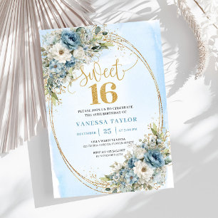 Chic Dusty Blue Flowers Sweet Sixteen Birthday  Invitation