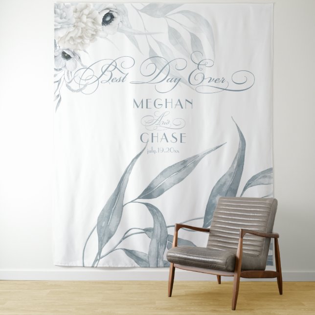 Chic Dusty Blue Foliage and Flowers Tapestry (In Situ)