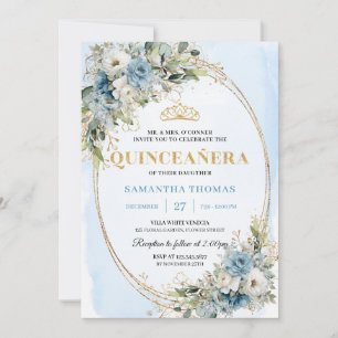 Chic Dusty Blue Gold Greenery Quince 15 Invitation