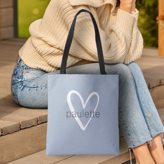 Chic Dusty Blue Heart Personalised Tote Bag (Heart Tote Bag by PartyInvitationShop.com)