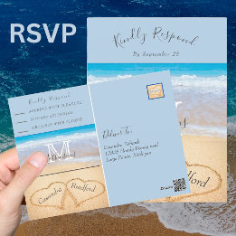 Chic Dusty Blue Hearts Sand Beach Wedding RSVP Postcard