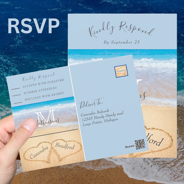 Chic Dusty Blue Hearts Sand Beach Wedding RSVP Postcard (Creator Uploaded)