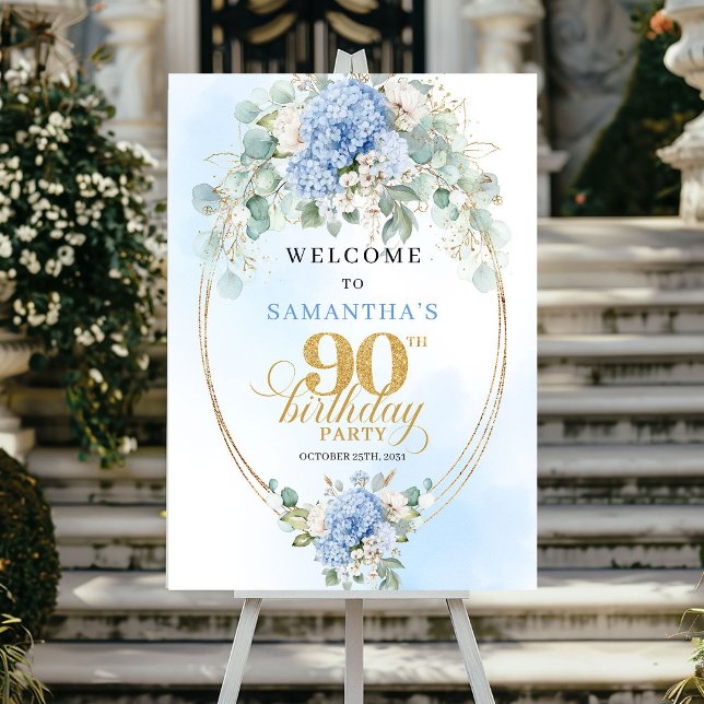 Chic Dusty Blue Hydrangeas 90th Birthday Welcome Poster (Chic Dusty Blue Hydrangeas 90th Birthday Welcome)