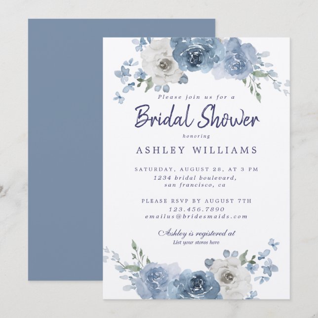 Chic Dusty Blue Ivory Rose Bridal Shower Invitatio Invitation (Front/Back)