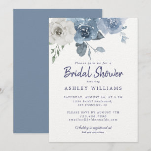 Chic Dusty Blue Ivory Rose Bridal Shower Invitation