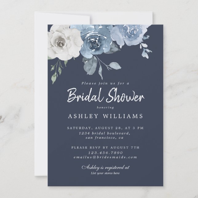 Chic Dusty Blue Ivory Rose Dark Blue Bridal Shower Invitation (Front)