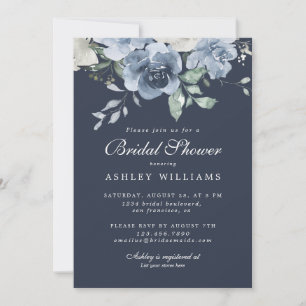 Chic Dusty Blue Ivory Rose Dark Blue Bridal Shower Invitation