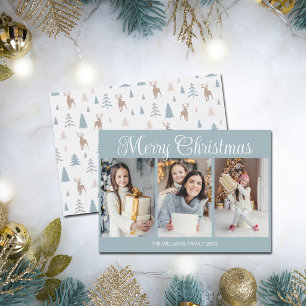 Chic Dusty Blue Merry Christmas Photo Collage Holiday Card