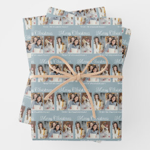 Chic Dusty Blue Merry Christmas Photo Collage Wrapping Paper Sheet