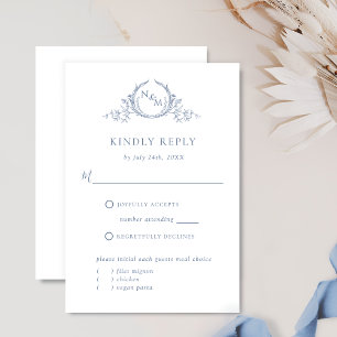 Chic Dusty Blue Monogram, With /Without Meals RSVP Card
