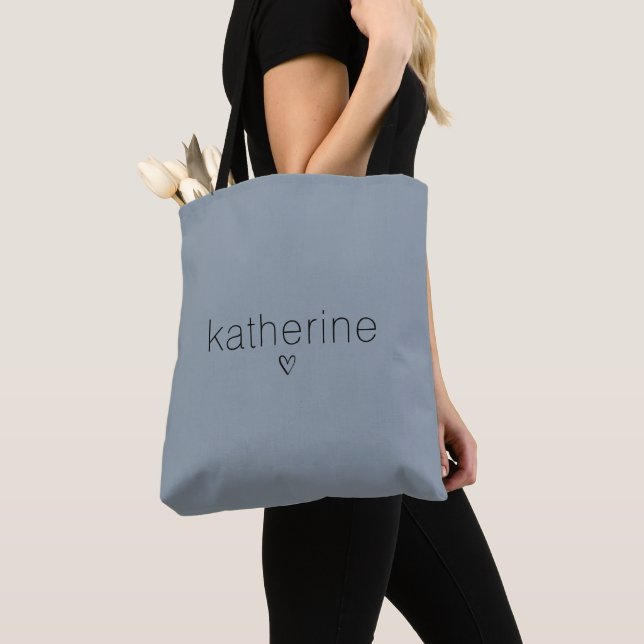 Chic Dusty Blue Name and Heart Tote Bag (Close Up)