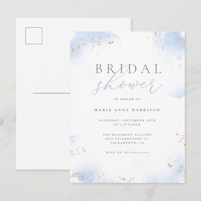 Chic Dusty Blue Ombre Gold Dust Bridal Shower Invitation Postcard (Front/Back)