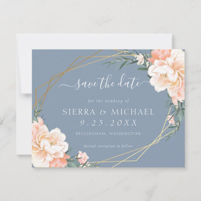 Chic Dusty Blue Peach Floral Gold Save the Date Announcement (Front)