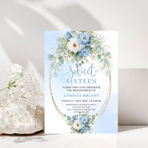 Chic Dusty Blue Peony Eucalyptus 16th Birthday  Invitation