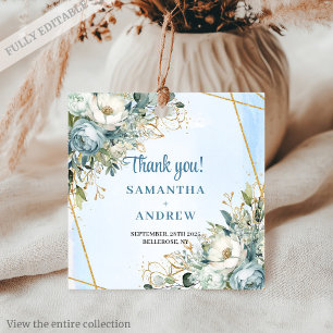 Chic Dusty Blue Peony Gold Frame Wedding Favour Ta Tags