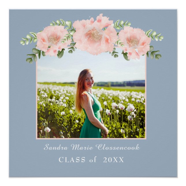Chic Dusty Blue Pink floral graduation class 2021 Poster (Front)