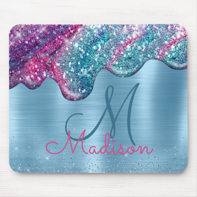 Chic dusty blue purple drips dripping monogram mouse mat (Front)