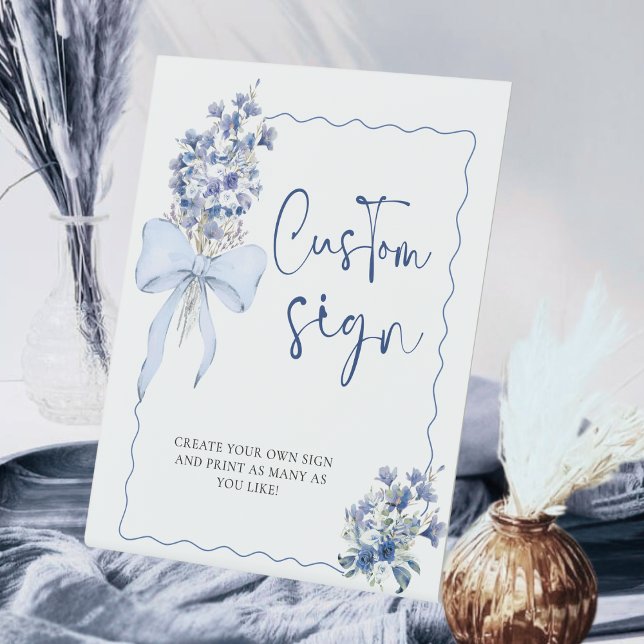Chic Dusty Blue Ribbon Bow Custom Bridal Shower Pedestal Sign (Creator Uploaded)