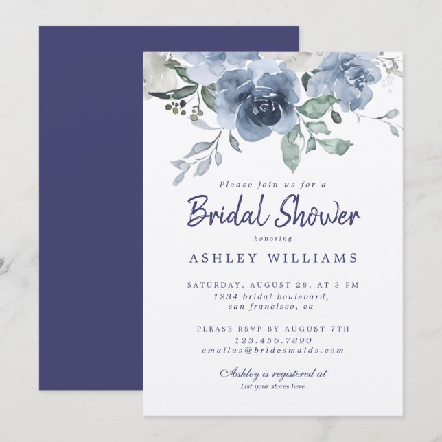 Chic Dusty Blue Rose Navy Blue Bridal Shower Invitation (Front/Back)