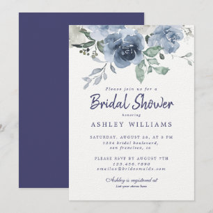 Chic Dusty Blue Rose Navy Blue Bridal Shower Invitation