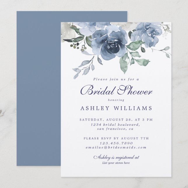 Chic Dusty Blue Rose Navy Blue Bridal Shower Invitation (Front/Back)