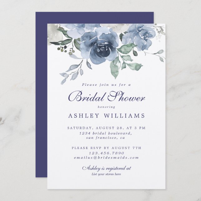 Chic Dusty Blue Rose Navy Blue Bridal Shower Invitation (Front/Back)