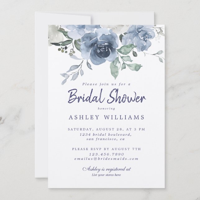 Chic Dusty Blue Rose White Bridal Shower Invitation (Front)