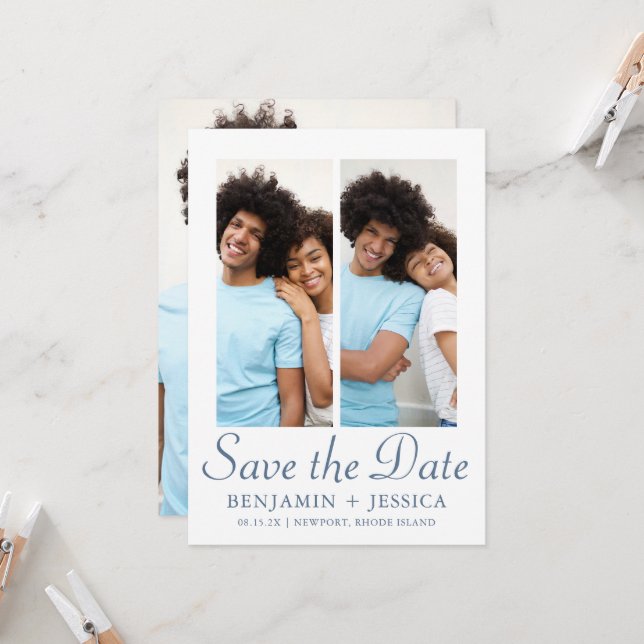 Chic Dusty Blue Script Photo Wedding Save the Date (Front/Back In Situ)
