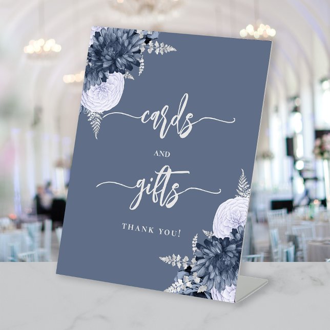 Chic Dusty Blue Silver Floral Wedding Cards Gifts Pedestal Sign (Creator Uploaded)