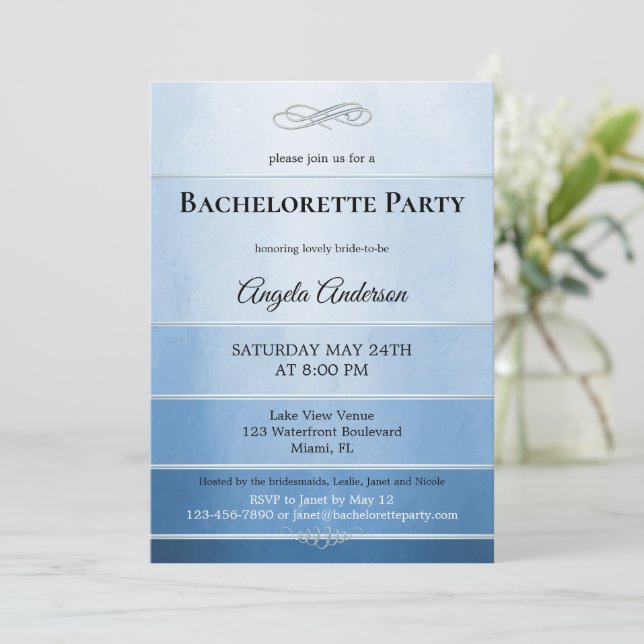 Chic Dusty Blue Striped Bachelorette Invitation (Standing Front)