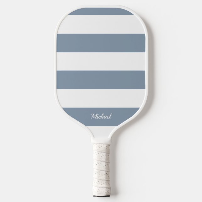 Chic Dusty Blue Stripes Striped Personalised Pickleball Paddle (Front)