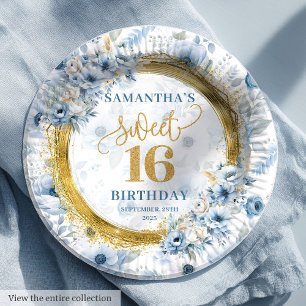 Chic Dusty Blue Sweet Sixteen Gold Glitter Plates