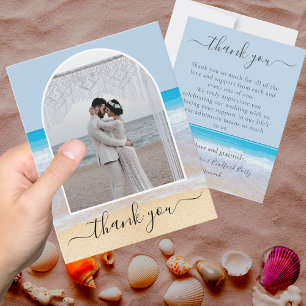 Chic Dusty Blue Tropical Beach Photo Arch Thank You Card