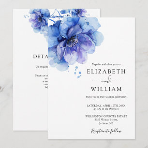 Chic Dusty Blue Watercolor Floral QR Code Wedding Invitation