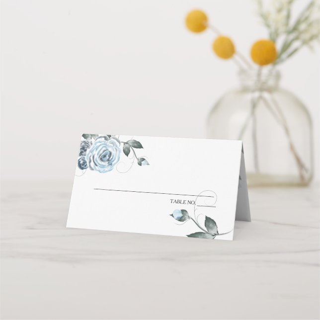 Chic Dusty Blue Watercolor Roses Place Card (Front)