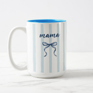 Chic Dusty Blue Watercolor Stripes and Bow Mama Two-Tone Coffee Mug
