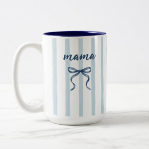 Chic Dusty Blue Watercolor Stripes and Bow Mama Two-Tone Coffee Mug