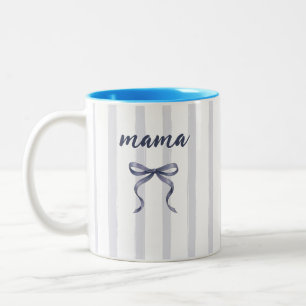 Chic Dusty Blue Watercolor Stripes and Bow Mama Two-Tone Coffee Mug