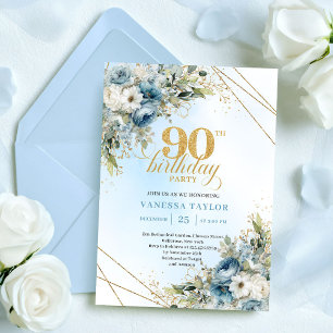 Chic Dusty Blue White Flowers 90th Birthday Invite