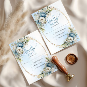 Chic Dusty Blue White Flowers Wedding RSVP Card