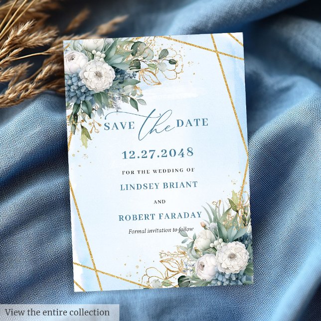 Chic Dusty Blue White Gold Floral Save The Date Invitation (Chic Dusty Blue White Gold Floral Save The Date)
