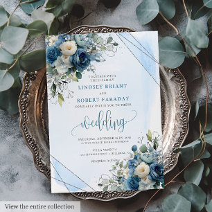 Chic Dusty Blue White Roses Silver Wedding Invites