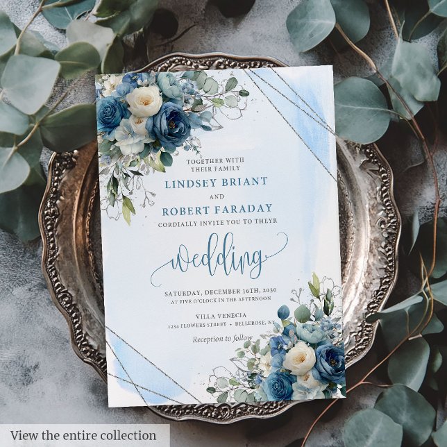 Chic Dusty Blue White Roses Silver Wedding Invites (Chic Dusty Blue White Roses Silver Wedding Invitation)