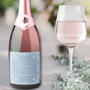 Chic Dusty Blue & White Stylish Wedding Champagne Sparkling Wine Label