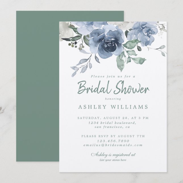 Chic Dusty Green Blue Rose Bridal Shower Invitation (Front/Back)