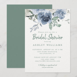 Chic Dusty Green Blue Rose Bridal Shower Invitation
