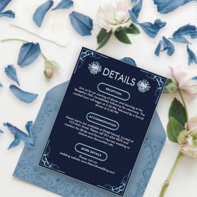 Chic Dusty Light Blue Floral Navy Wedding Details Enclosure Card (Creator Uploaded)