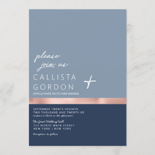 Chic Dusty Navy Blue Rose Gold Colour Block Weddin Invitation