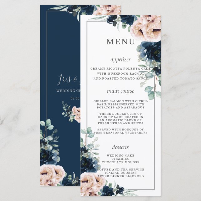 Chic Dusty Pink Blush Navy Roses Floral Wedding Programme (Front/Back)