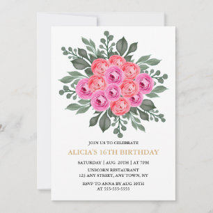 Chic Dusty Pink Flora Rose Gold 16th Birthday Invitation